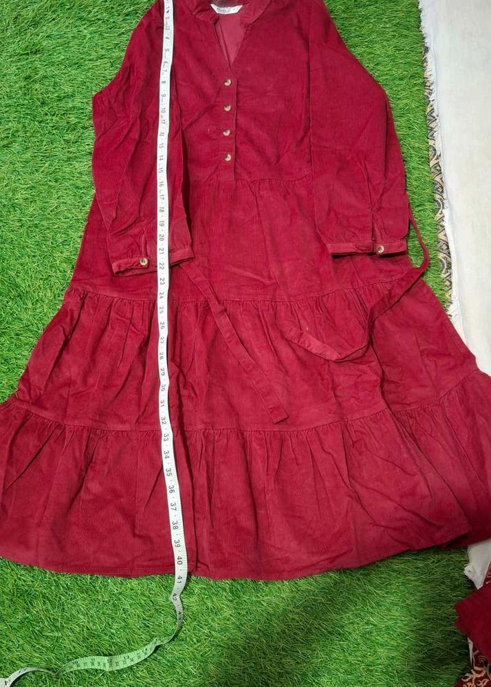 Maroon Corduroy Tiered Dress with pants