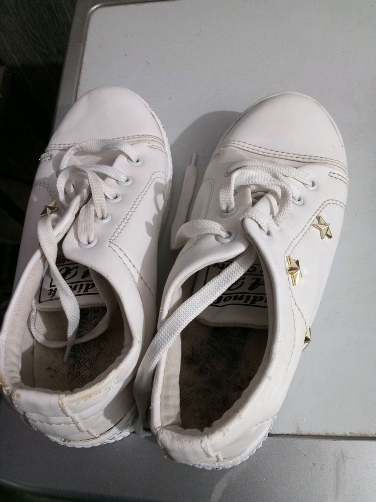 White Sneakers with Gold Star Detail
