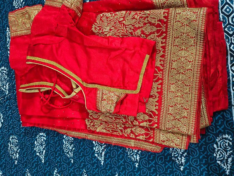 Red &amp; Gold Saree with Blouse