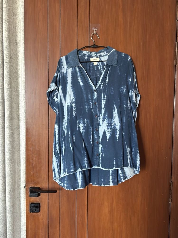 Blue Tie-Dye Button-Down Top