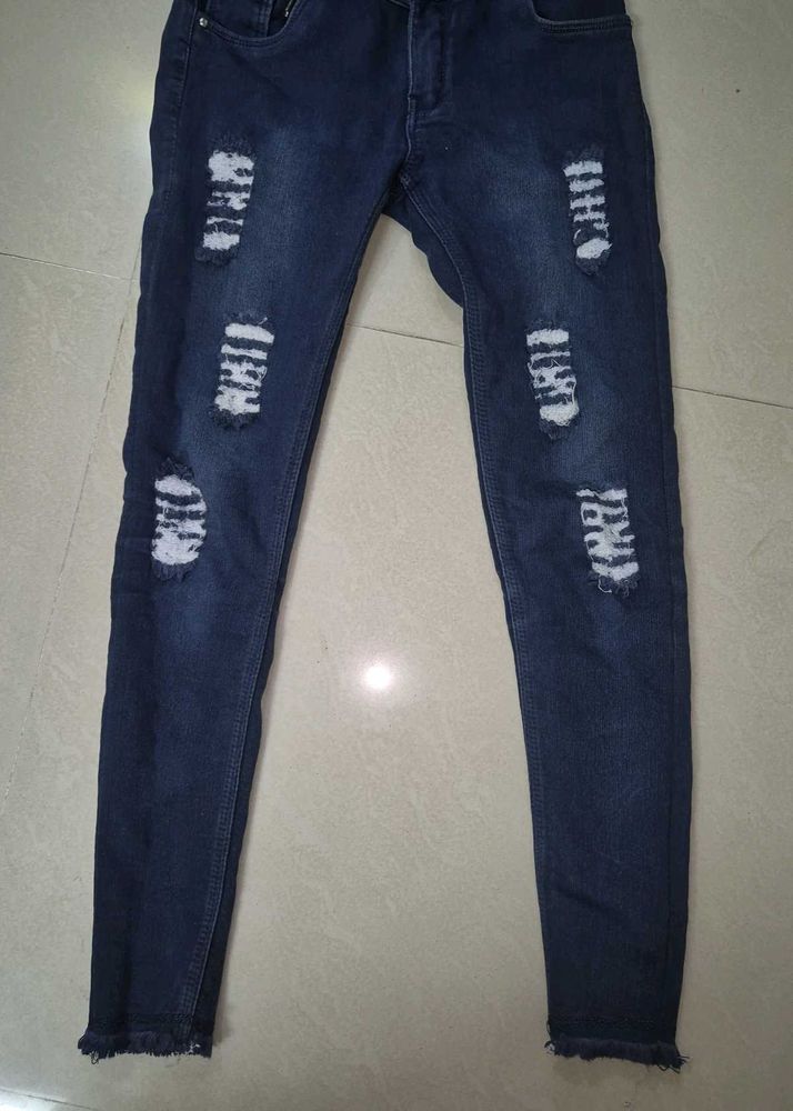 High-Waist Distressed Skinny Jeans – Dark Blue