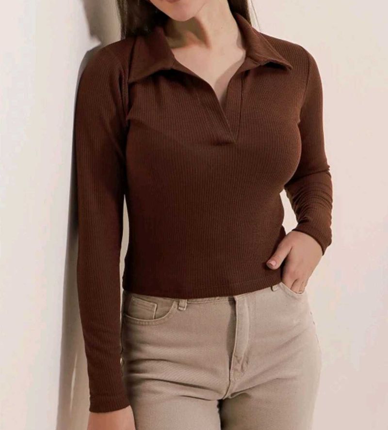 Brown Ribbed Polo Top
