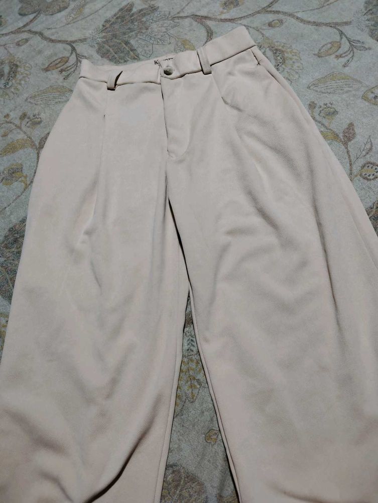 Beige Wide Leg Trousers High Waist