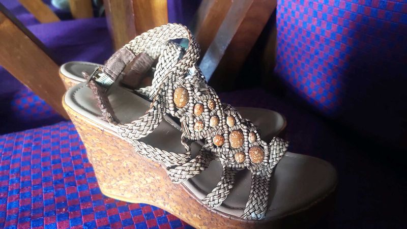 Braided Wedge Sandals with Stone Accents