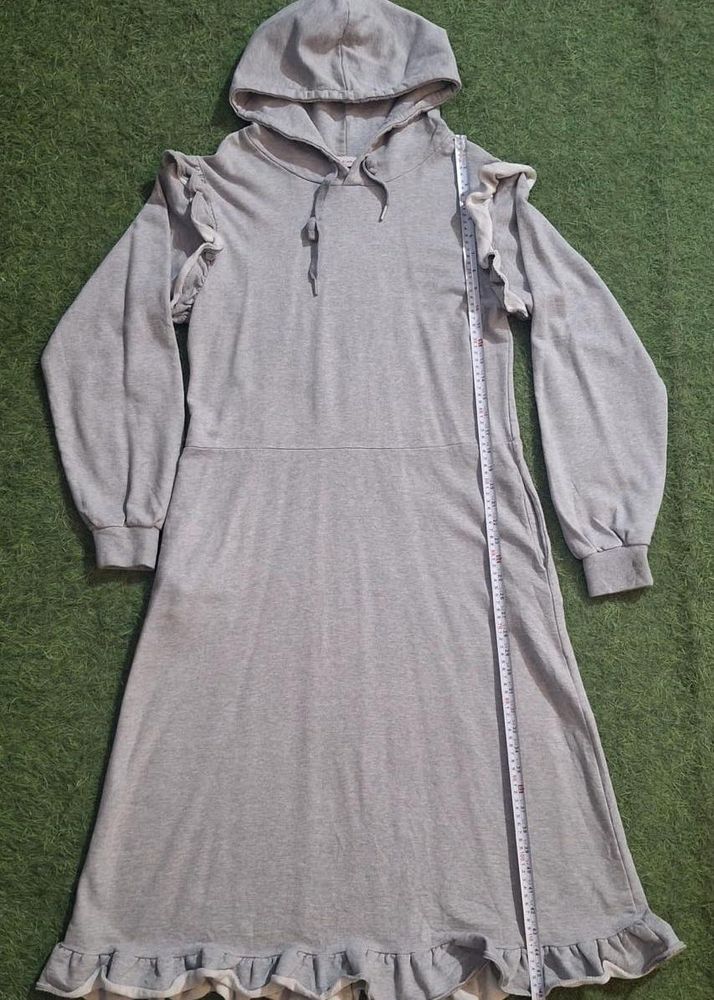 Gray Ruffle Trim Hoodie Dress