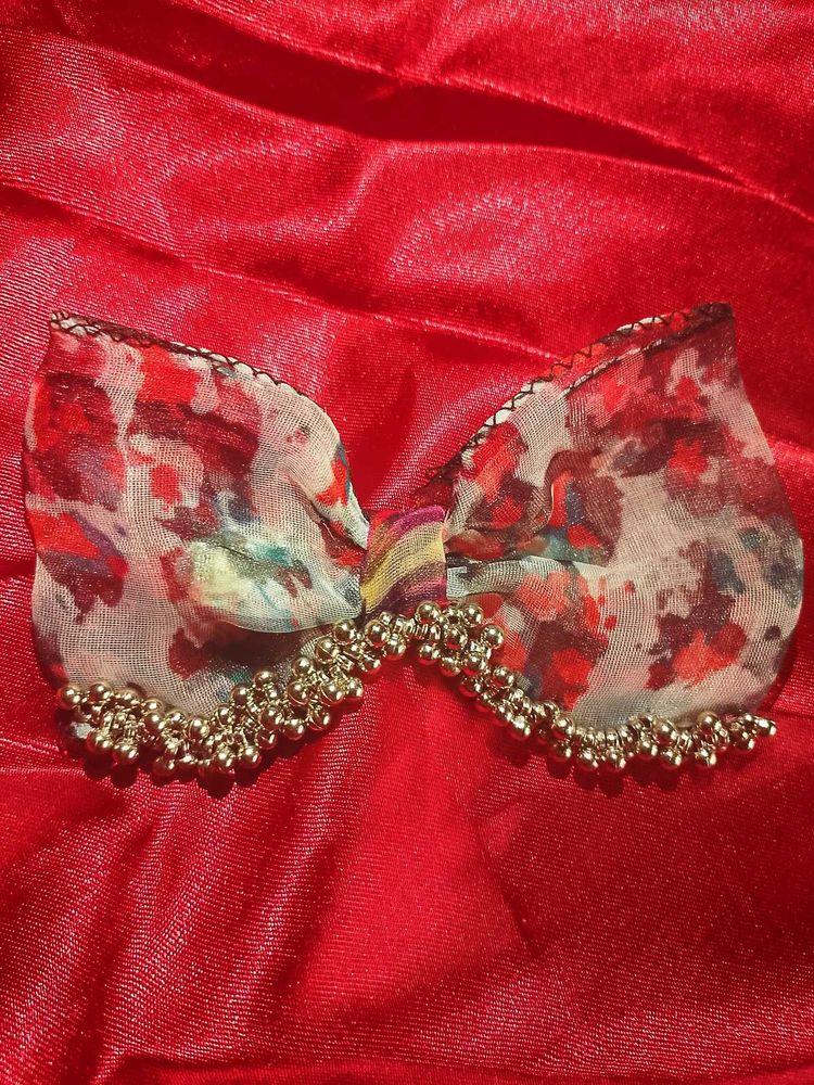 Floral Chiffon Hair Bow with Silver Beads