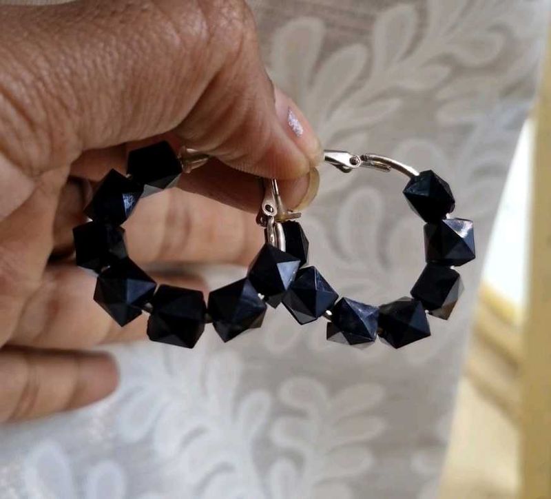 Black Beaded Hoop Earrings