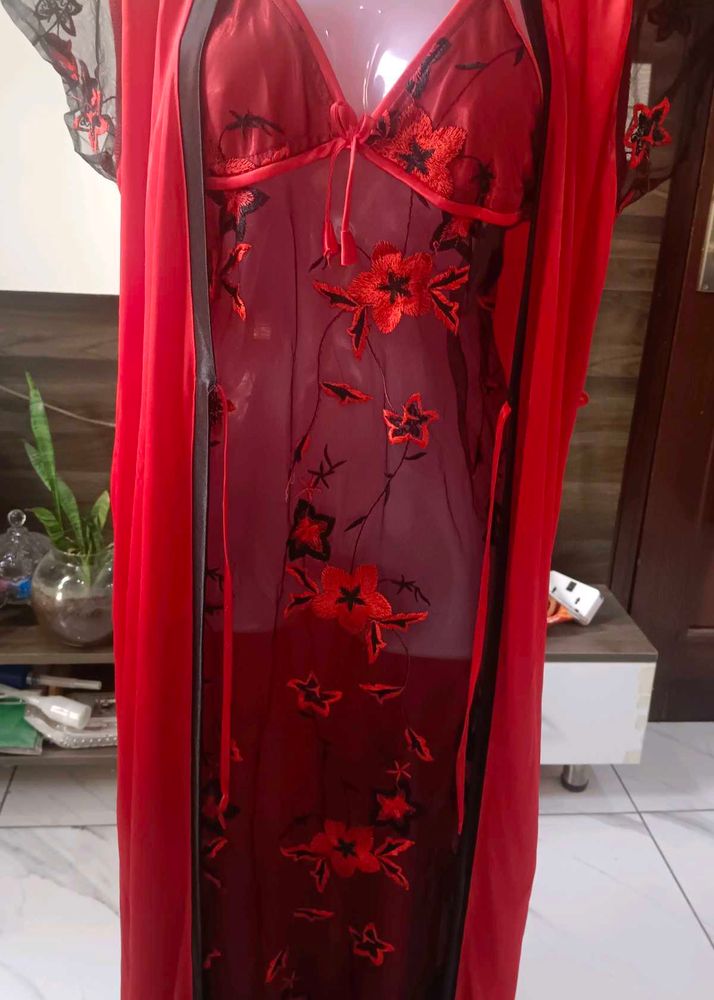 Red Floral slip night dress with satin rob