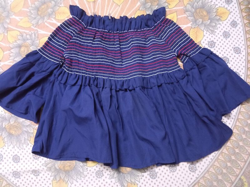 Off-Shoulder Smocked Navy Top
