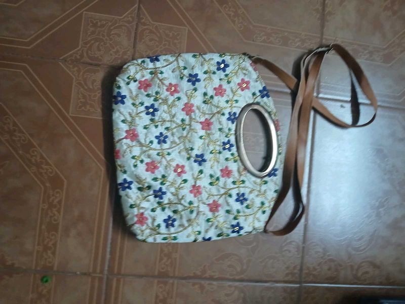 Embroidered Handbag with Floral Design