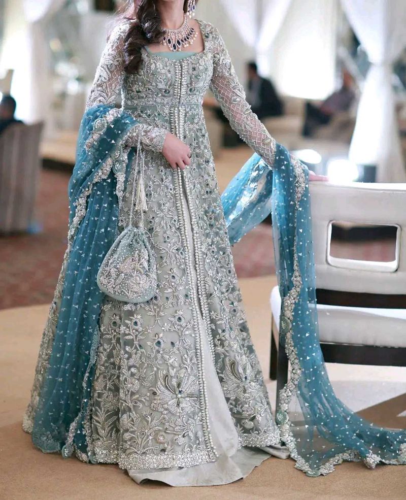 Exquisite Silver &amp; Teal Pakistani Wedding Outfit