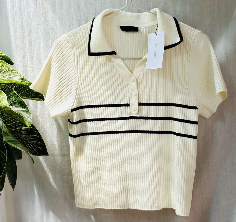 Striped Knit Polo Top