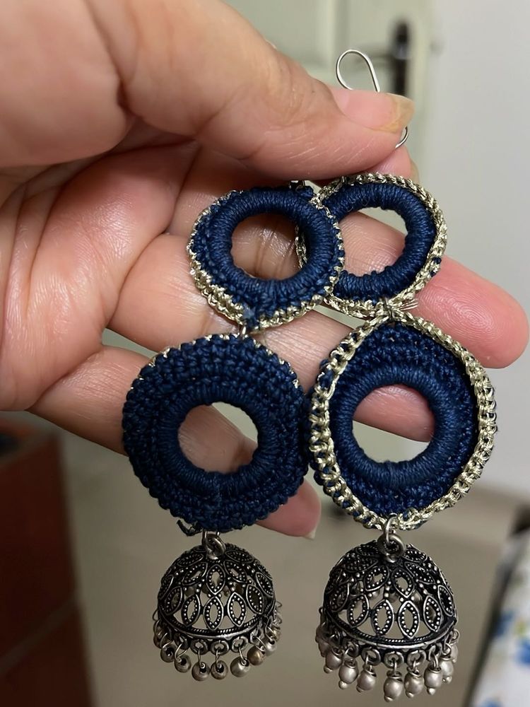 Handmade Navy Crochet Jhumka Earrings
