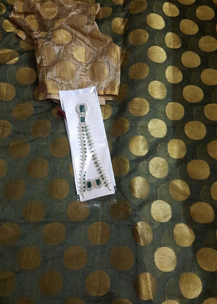 Olive Green Brocade Benarasi Saree With Blouse