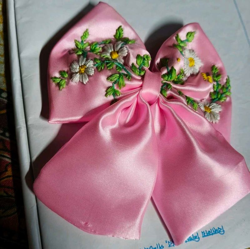 Pink Embroidered Bow Hair Clip