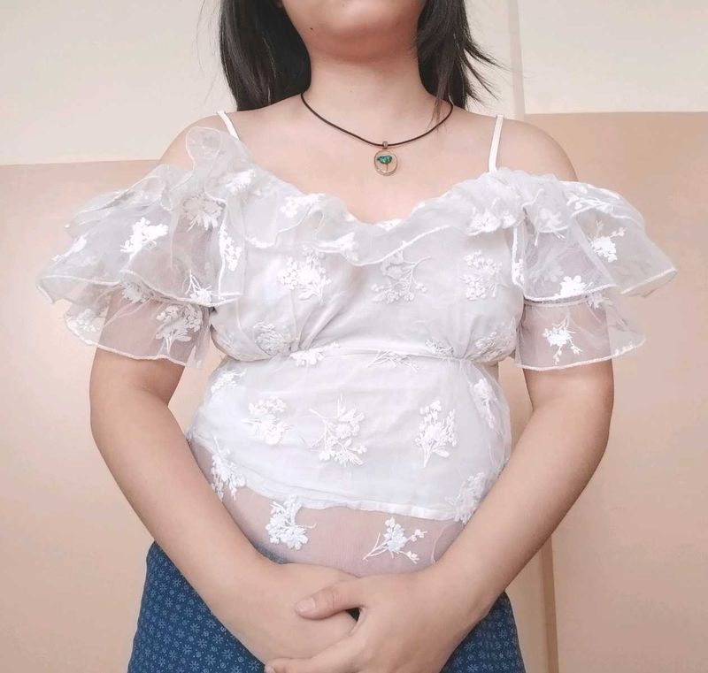 Lace Ruffle Cold Shoulder Top