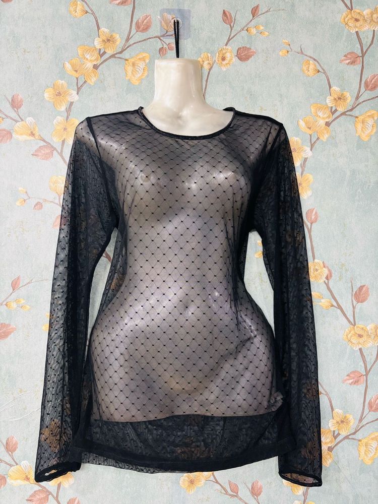 Black Sheer Polka Dot Top