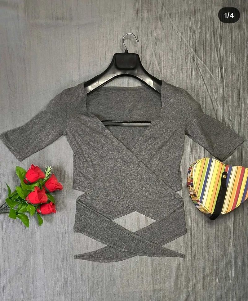 Women Grey Wrap Up Top
