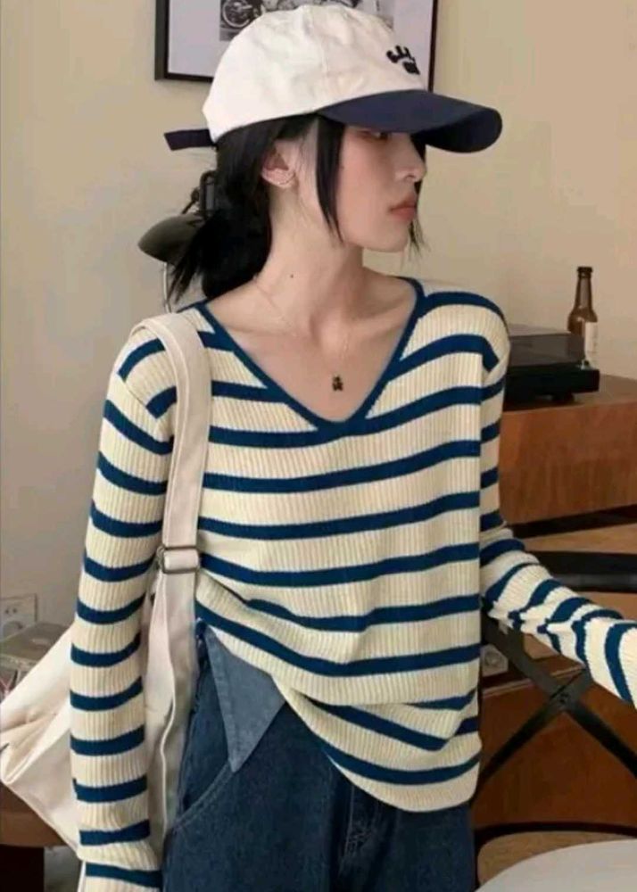 Korean Find: V Neck Striped Ribbed top