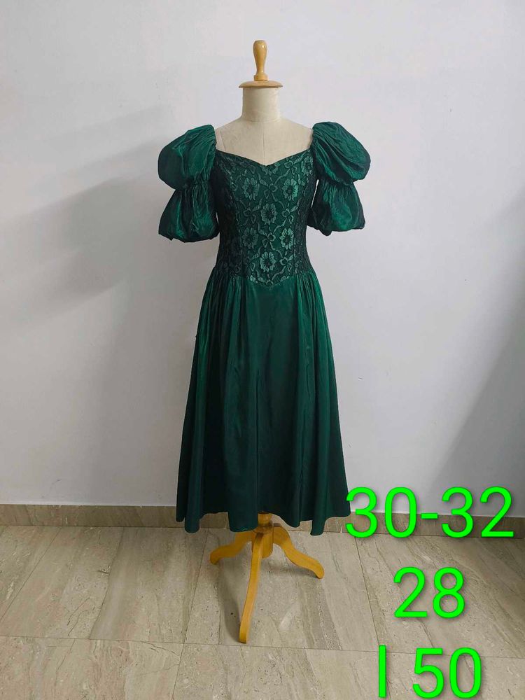 Vintage Emerald Green Puff Sleeve Dress