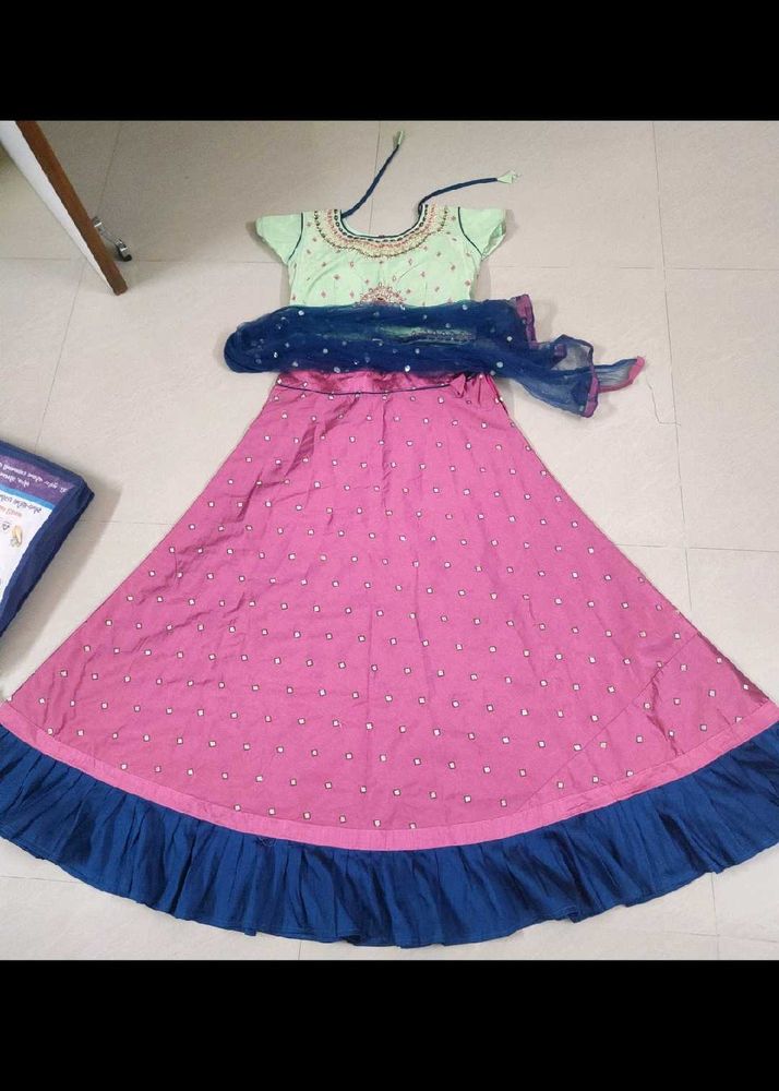 Semi Stitched Pink &amp; Blue Lehenga Set