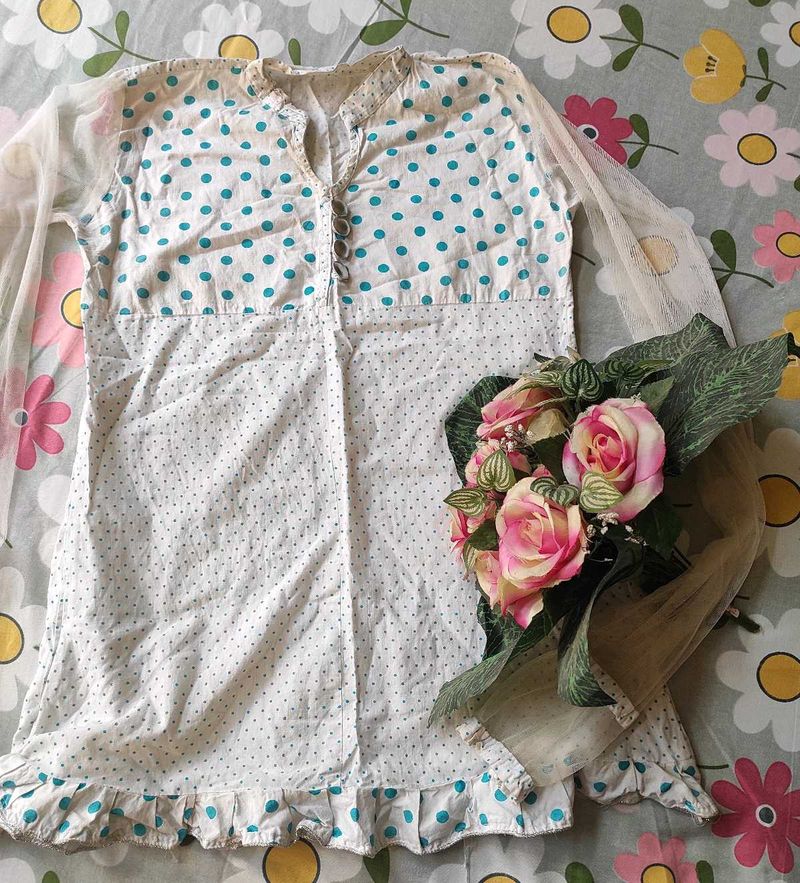 💙 Cute White &amp; Blue Polka Dot Kurti