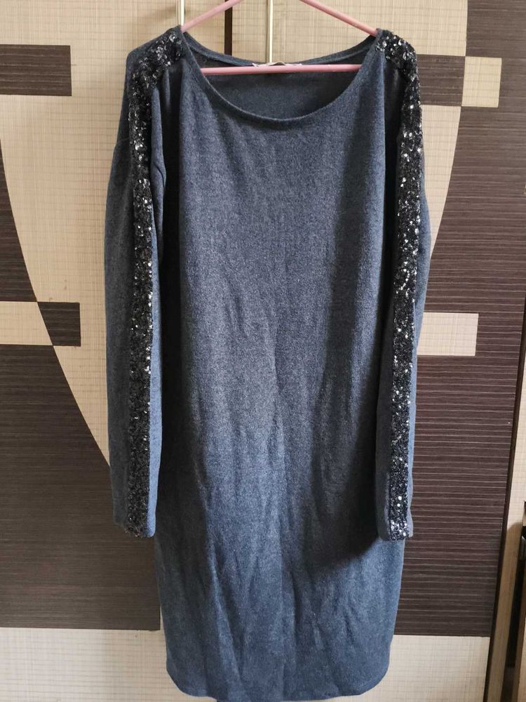 Grey Glitter On Sleeves Dress