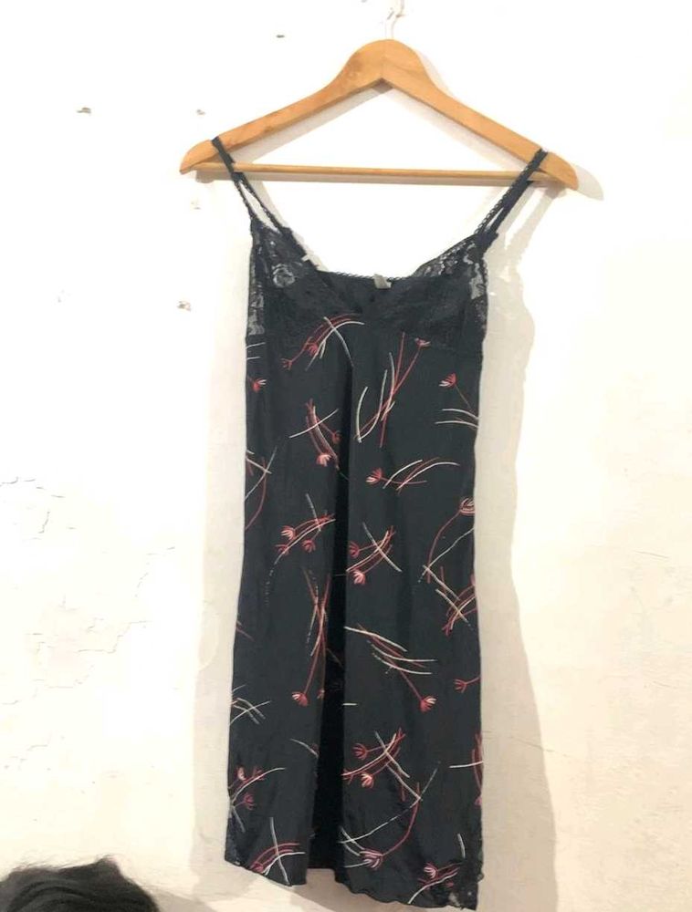 Black Flower Printed Nighty With Straps