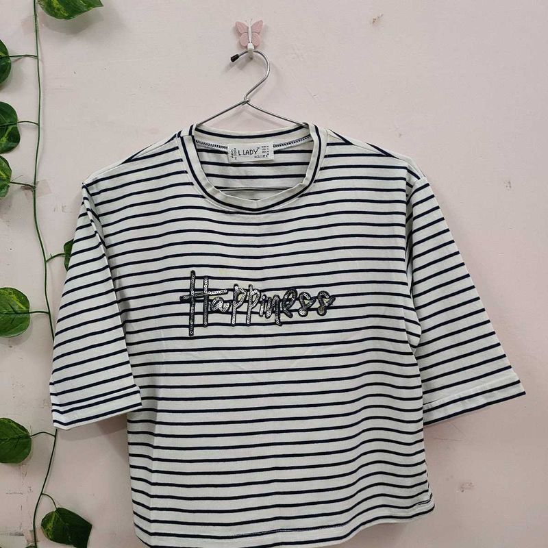 White Striped Crop Tee