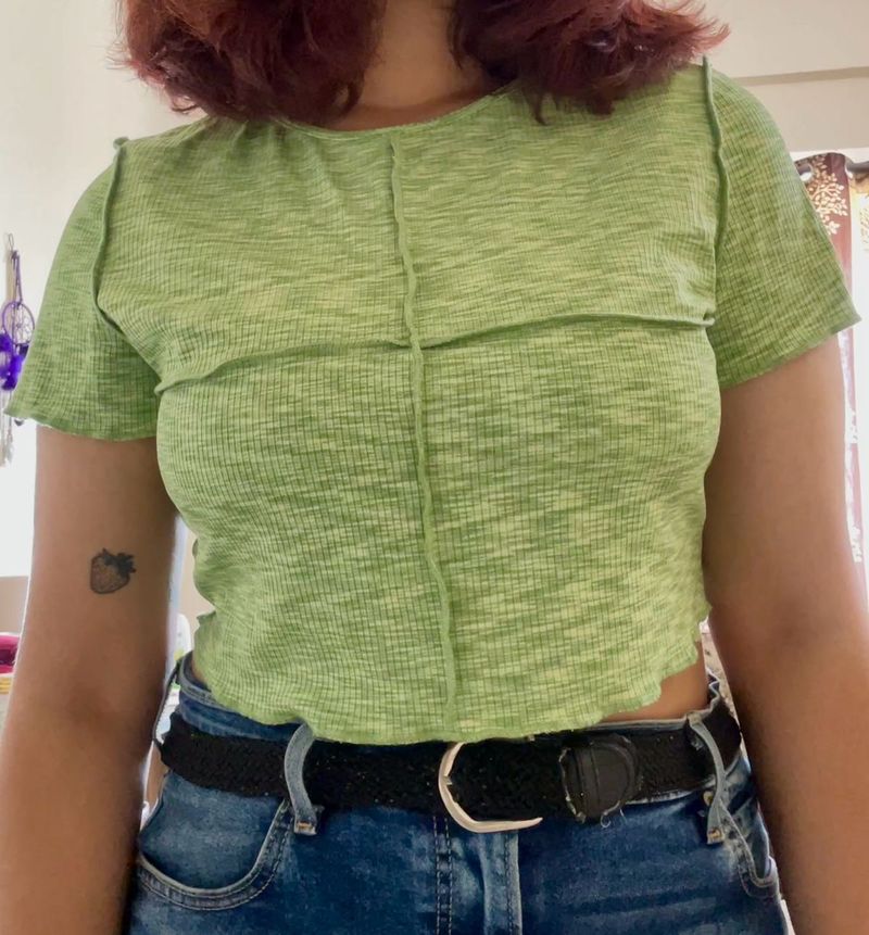 H&amp;M Light Green Seam Design Crop Tee