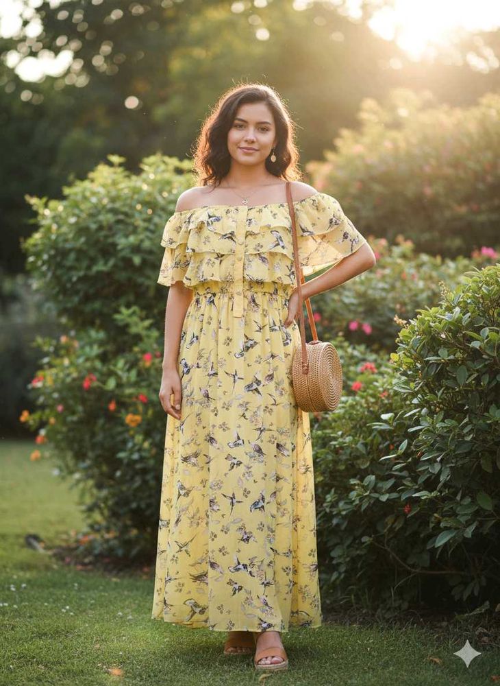 Yellow Bird Print Maxi Dress