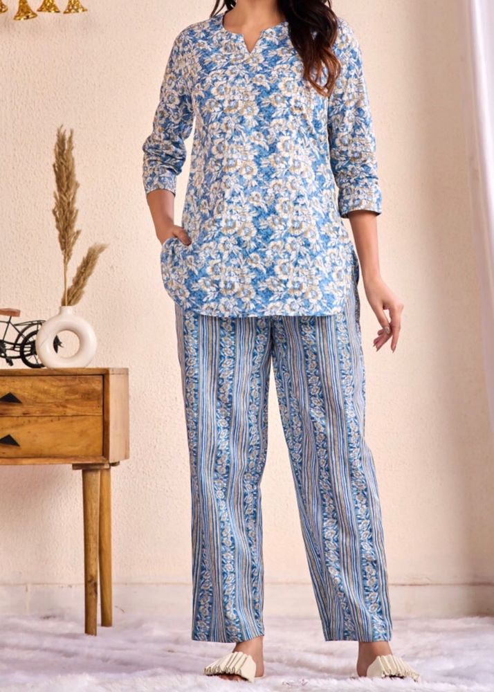 Blue Floral &amp; Stripe Cotton Loungewear Set