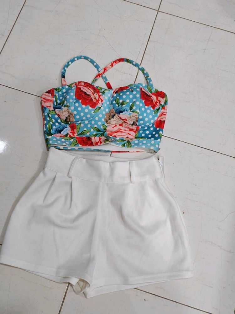 Floral Crop Top &amp; White Shorts Set