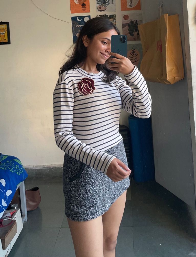 Striped Long Sleeve Top with Rose Detail