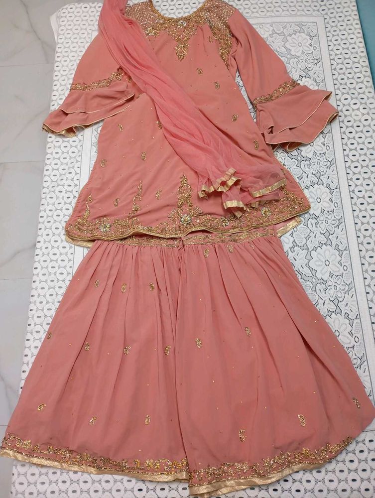 Coral Embroidered Gharara Suit
