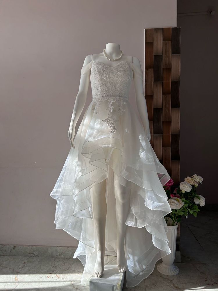 High low white organza-lace gown