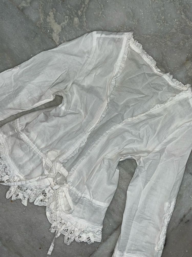 White Lace Tie Front Top