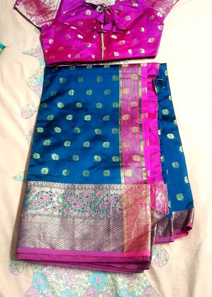 Blue and Pink Saree with Blouse