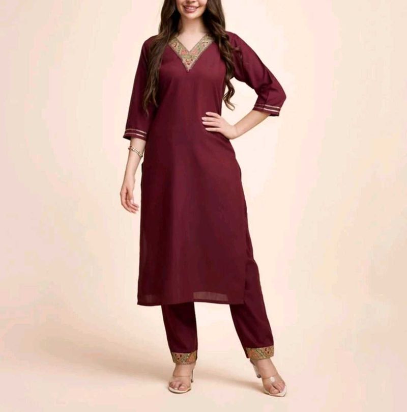 Maroon Embroidered Kurta Set