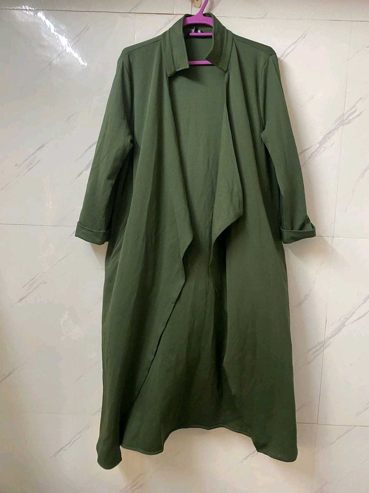 Olive Green Longline Waterfall Shrug – Free Size