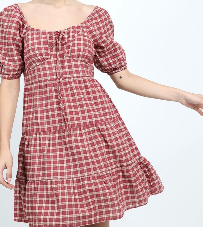 Red Plaid Tiered Mini Dress