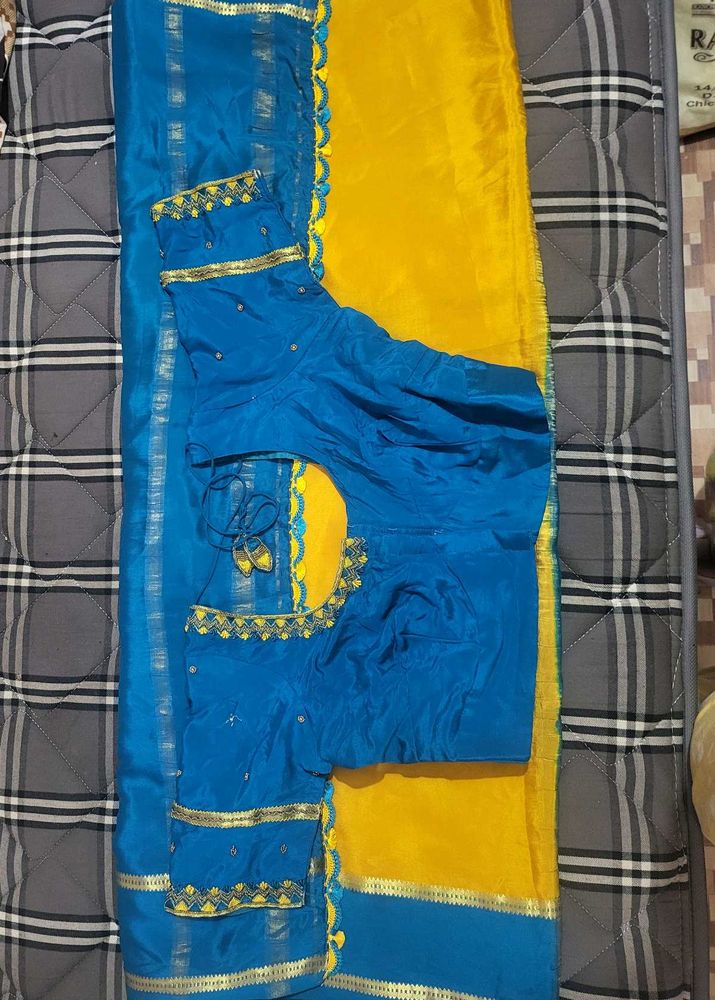Blue &amp; Yellow Mysore crepe silk