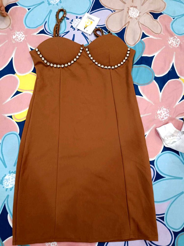 Brown Mini Dress with Rhinestone Detail
