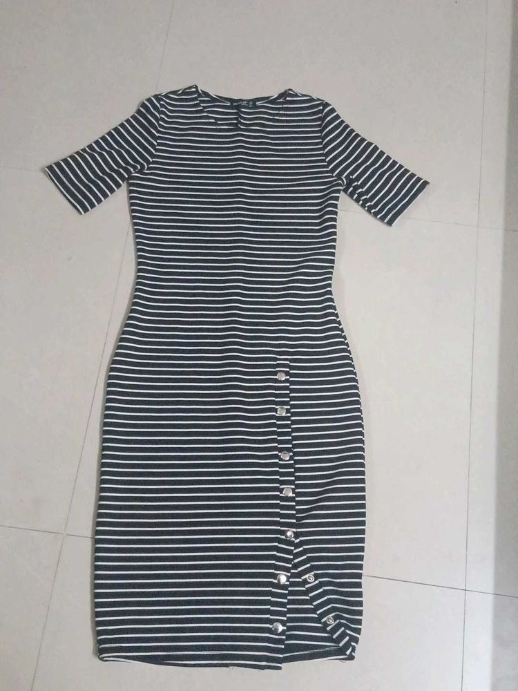 Striped Midi Dress with Button Detail