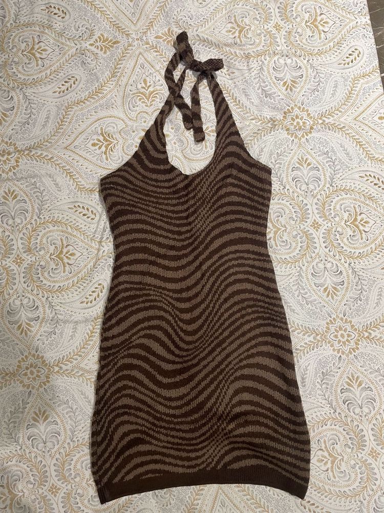 Brown Zebra Knit Halter Mini Dress