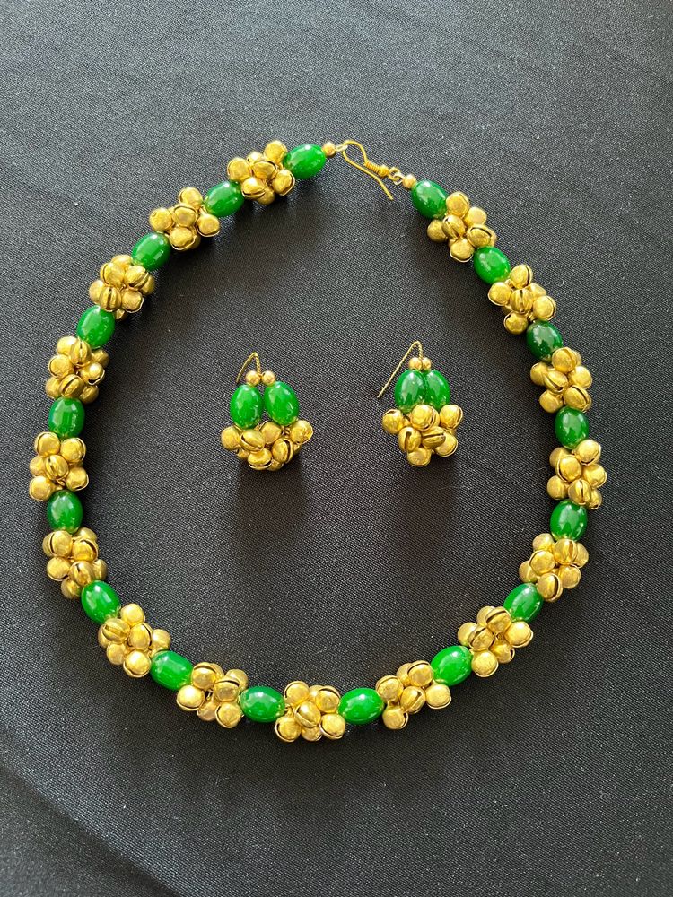 Golden Ghungroo And Green Stones Jewellery