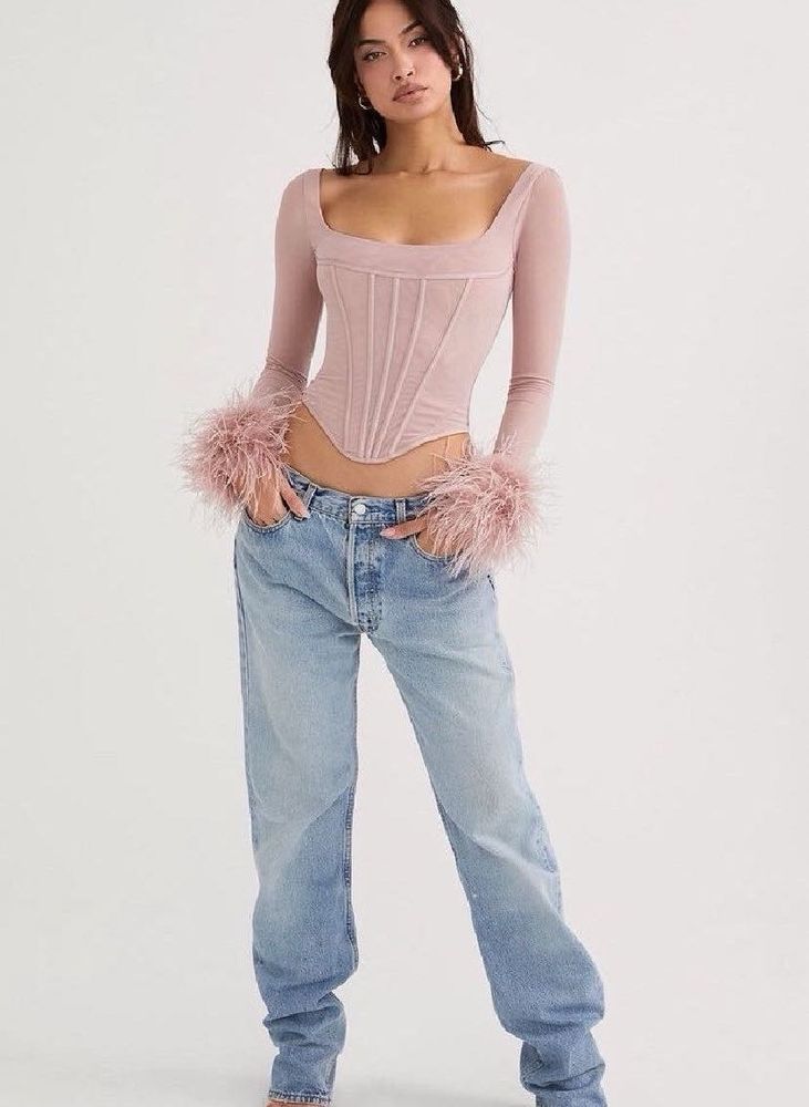 Women&#39;s Feather Long Sleeve Corset Top Faux Fur
