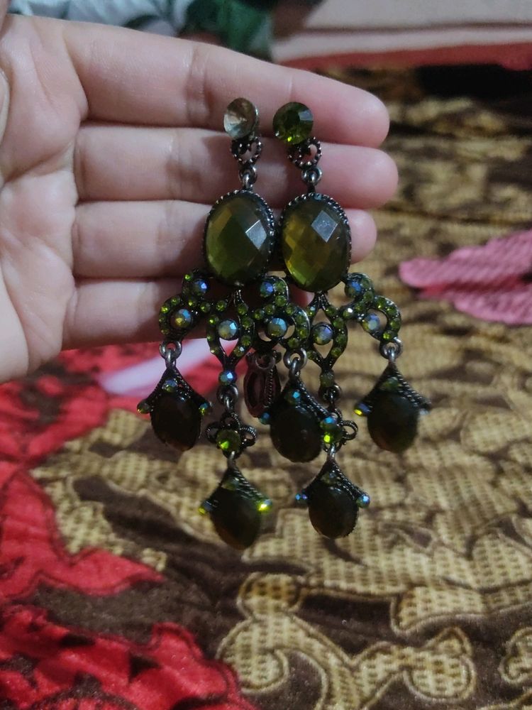 green stoned long earings