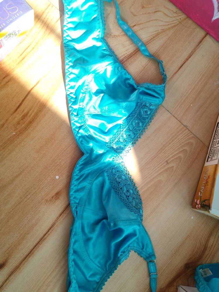satin Turquoise Bra with Lace Detail