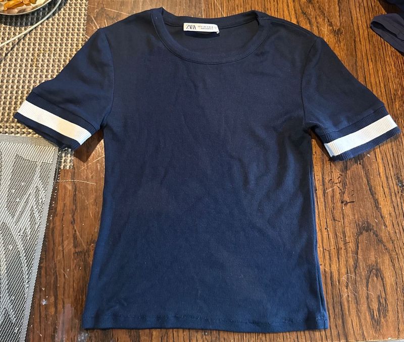 Navy Tee with Striped Sleeves